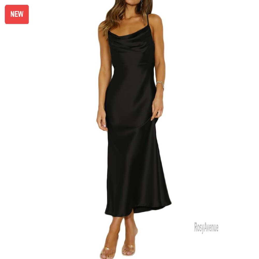 Satin Cowl Neck Backless Midi Dress Spaghetti Straps Ruched Cocktail